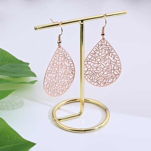 Women's Rose Gold Teardrop Plated Leaf Handmade Filigree Drop Dangle Earrings - Picture 3 of 7